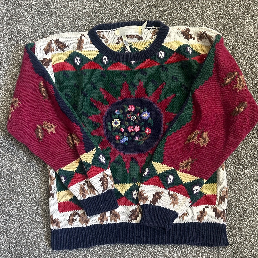 Colorful Knit Sweater with Floral Design